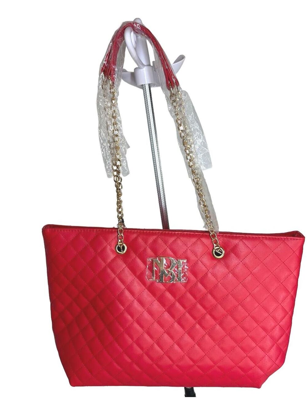 New Badgley Mischka Red Quilted Tote Bag Gold Chain Handles